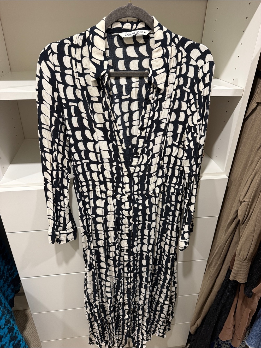 Zara Black & White Geometric Long Sleeve Midi Dress